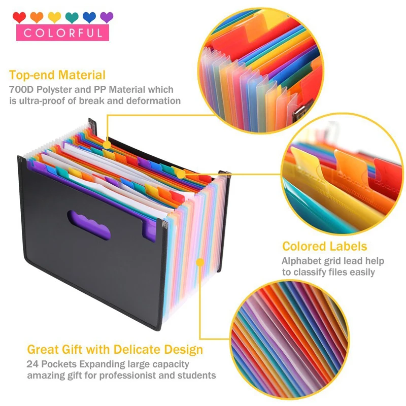 

24 Pockets Foldable A4 Paper File Folder Expanding Gusset Bag Pouch Document Holder Organizer Desktop Office