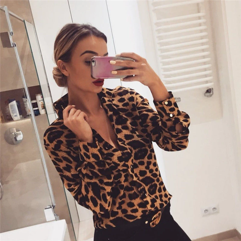 

Women Leopard Print Top Autumn Loose Blouse Fashion Ladies Elegant Tops Bodycon Low-cut Long Sleeve Blouse sexy Hot Autumn Shirt