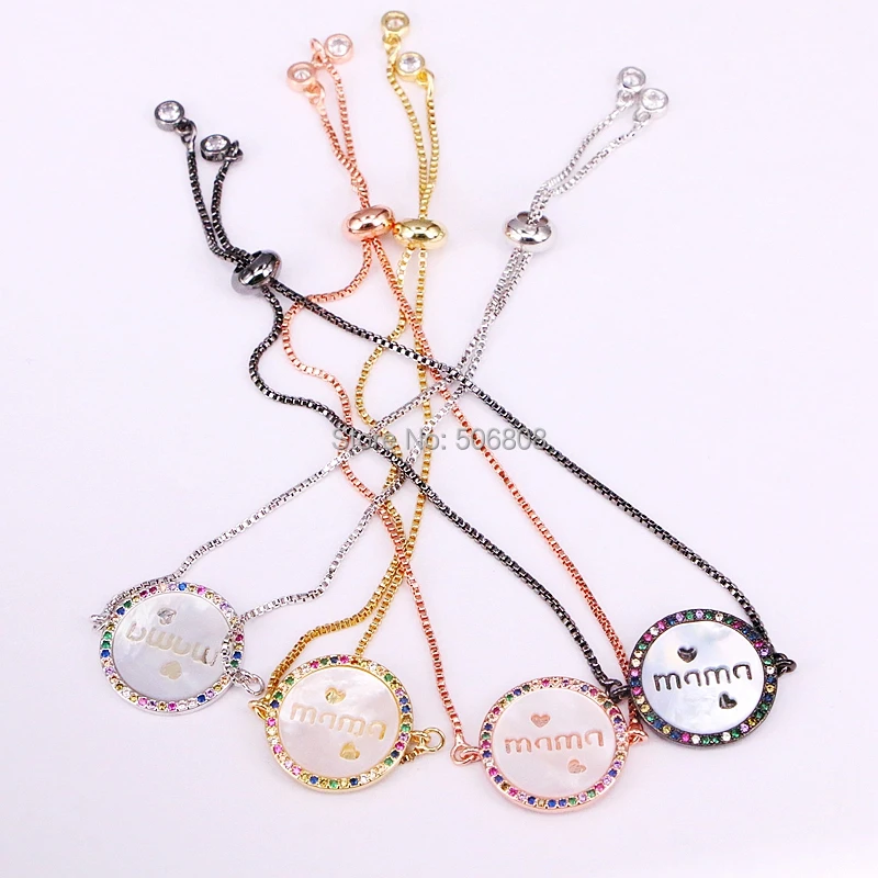 

6PCS ZYZ-B7288 "mama" Jewelry Bracelet Pave CZ round shell Chain Bracelet Adjustable Female Jewelry