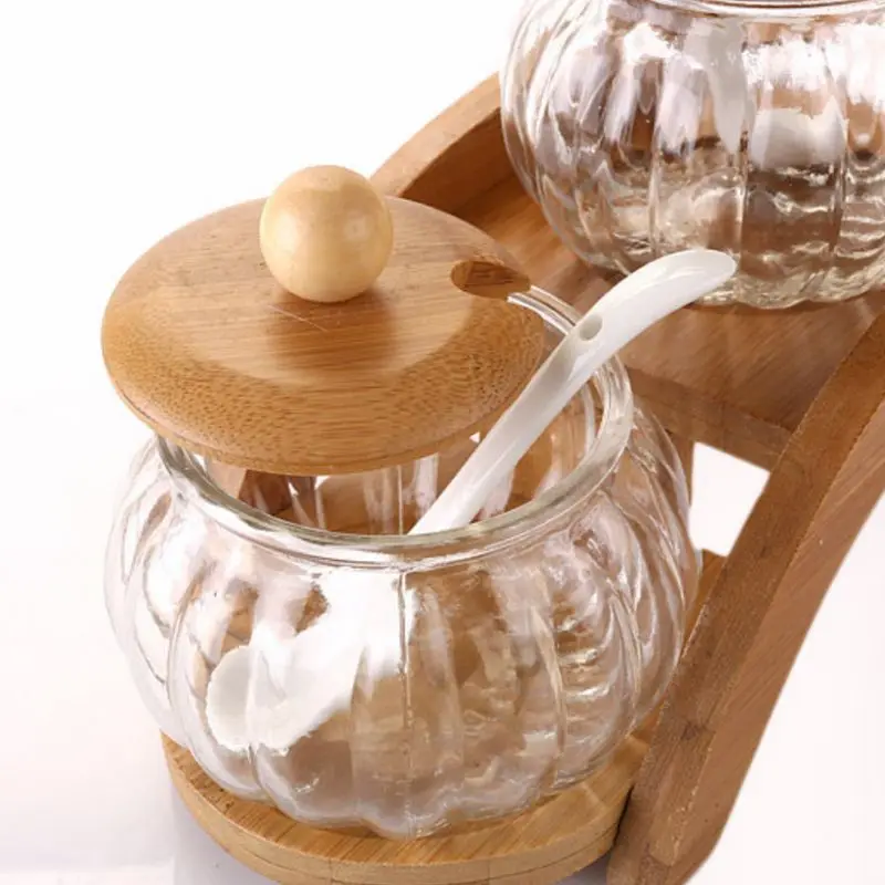 (set of 3) clear glass seasoning jar creative spice box and 2-layer wooden display stand |