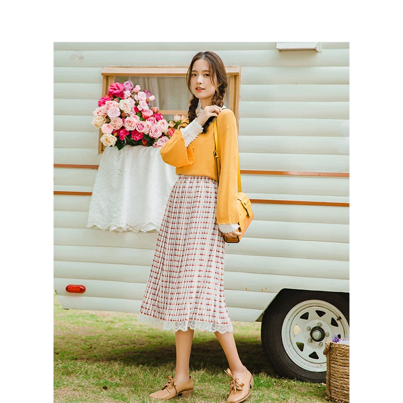 INMAN Spring Autumn High Waist Slim Literary Retro Striped Lace A-line Women Skirt | Женская одежда
