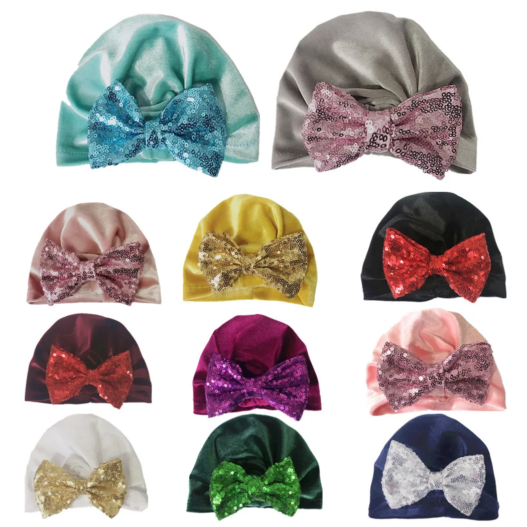 Cute Velvet Hat For Girls Child Autumn Winter Baby Headwear Boy Cap Sequined Bow Photography Elastic Beanie Accessories | Аксессуары для