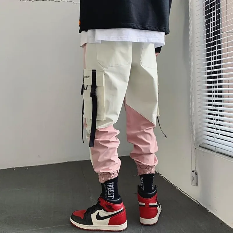 

#7514 Hip Hop Pants Men Spliced Color Ankle-length Casual Cargo Pants Mens With Big Pockets Thin Track Pants Spring Summer 2021