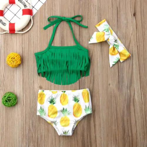 

3Pcs Pineapple Print 2019 Newborn Baby Girls Bikini Halter Top Tassels Swimwear Children Swimsuit Bathing Suit Beachwear Biquini