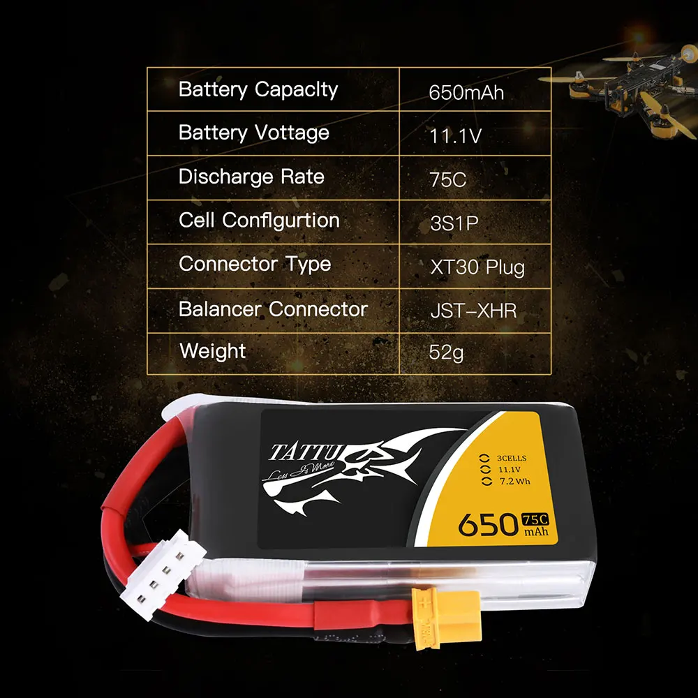 Tattu Lipo 650mAh 3S 75C Battery Pack 11.1V XT30 Plug Polymer Power for FPV 100 to 180 size Drone Helicopter Quadcopter | Игрушки и