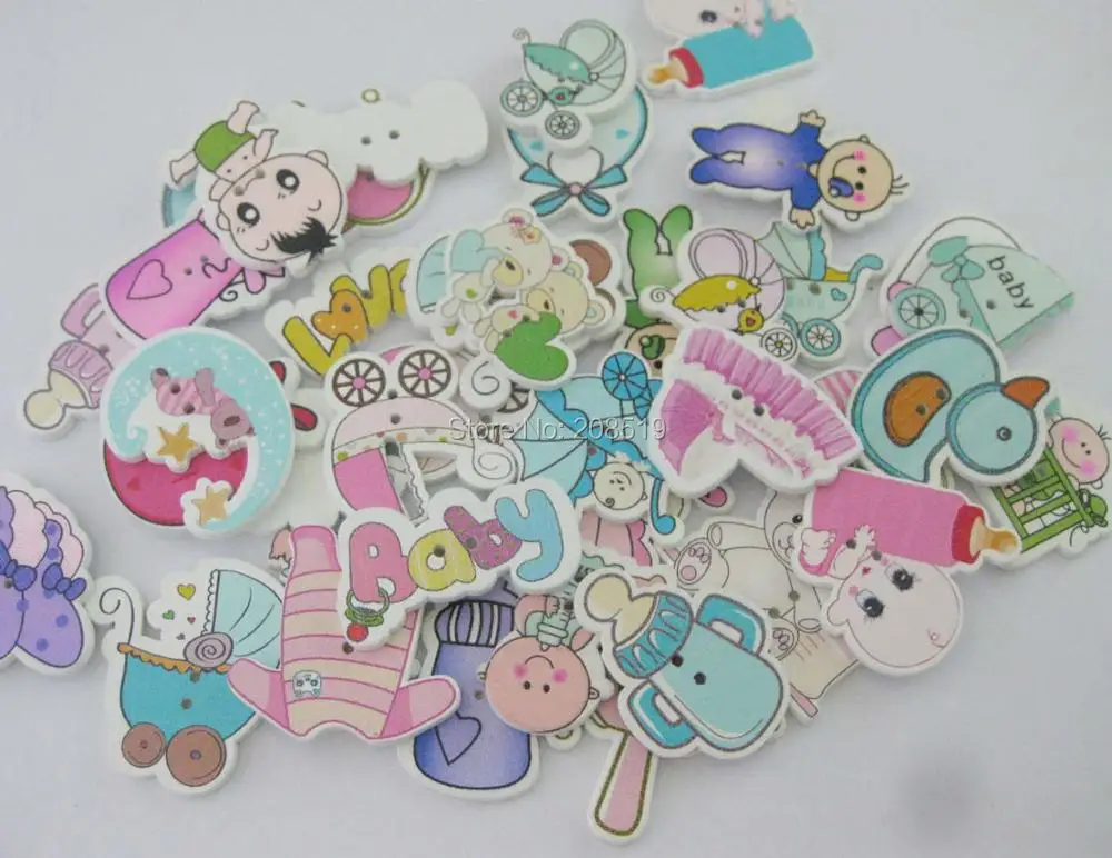 

WBNWKE cutely kid's clothes buttons wood printed mix 120pcs randomly 2-holes home sewing accessory