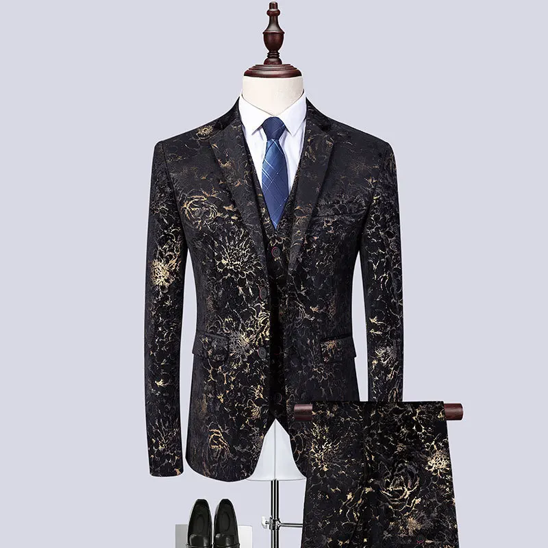 3 предмета костюм для мужчин смокинг Мода 2019 с золотым принтом Slim Fit юбочные