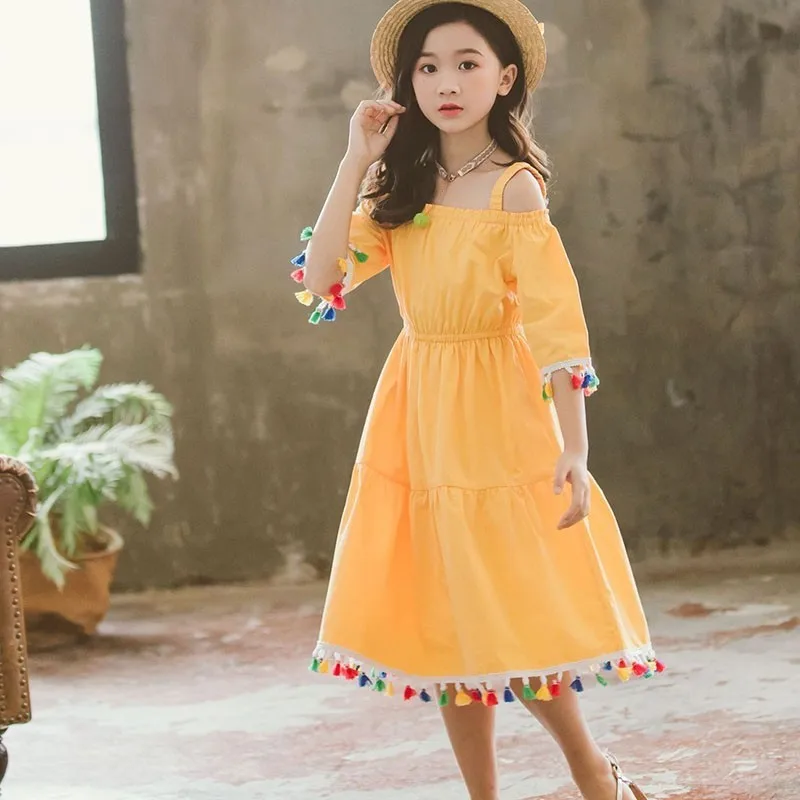 Tassel Teenage Girls Dress Kids Formal Wear Princess 100% Cotton Summer Beach Dresses Maxi Long White Yellow 2019 | Детская одежда и