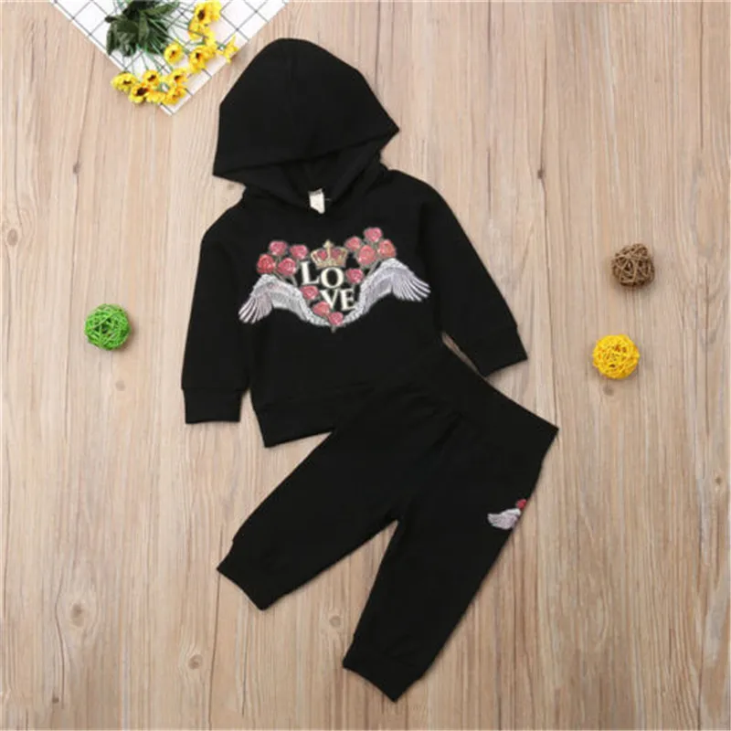 LOVE Autumn Long Sleeve Black Hooded Tops Pants Boy Clothing Cotton Cute Outfits 2PCs Toddler Newborn Baby Boys Clothes Set |