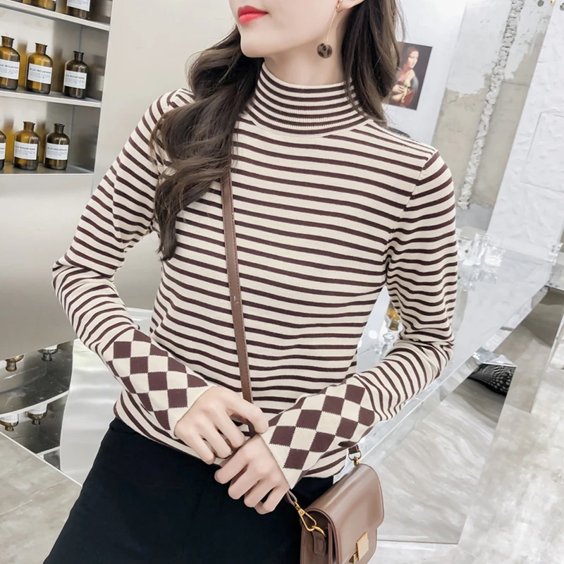 La MaxZa 2018 Autumn Winter New Fashion Black And White Striped Knitted Sweater Bottoming Half High Collar Woman 8177 | Женская одежда