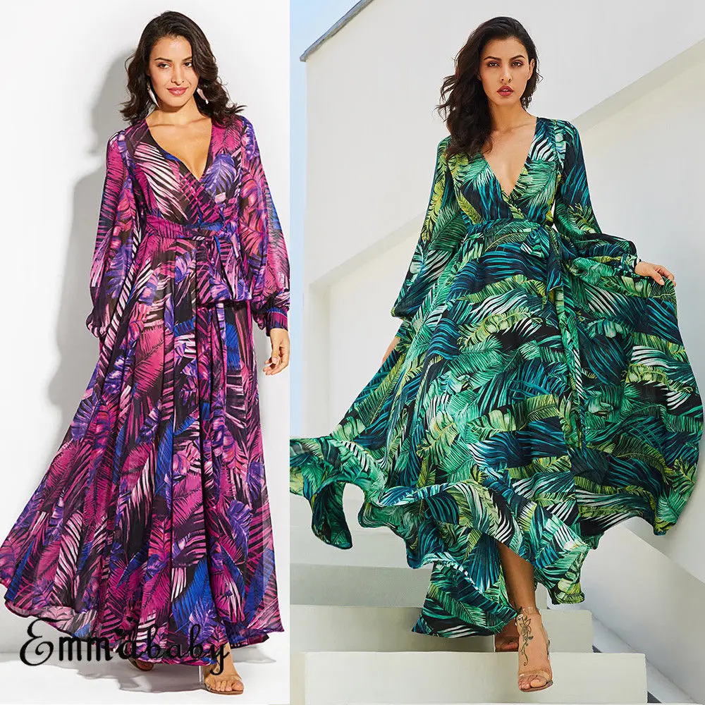 

2022 Women New Floral Printed Long Maxi Dress Summer Beach Plus Size Holiday Green Dresses