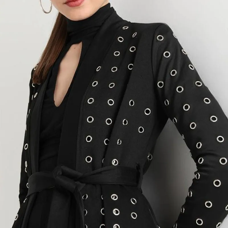 TWOTWINSTYLE Heavy Eyelets Coat Female Cardigan Long Sleeve Lace Up Black Women's Windbreaker Fashion 2018 Autumn New | Женская