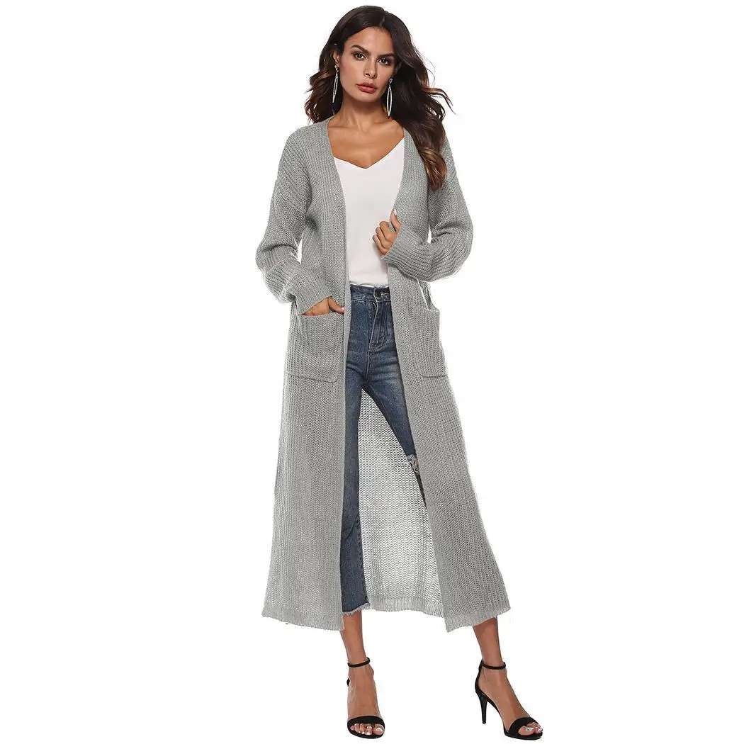 New Fashion Women Casual Front Open Knitted Solid Big Calf length Pockets Regular fit Cardigan |