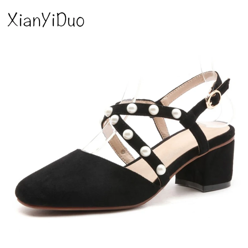 Xianyiduo/Новинка лета 2019 женские босоножки из флока на высоком каблуке с закрытым