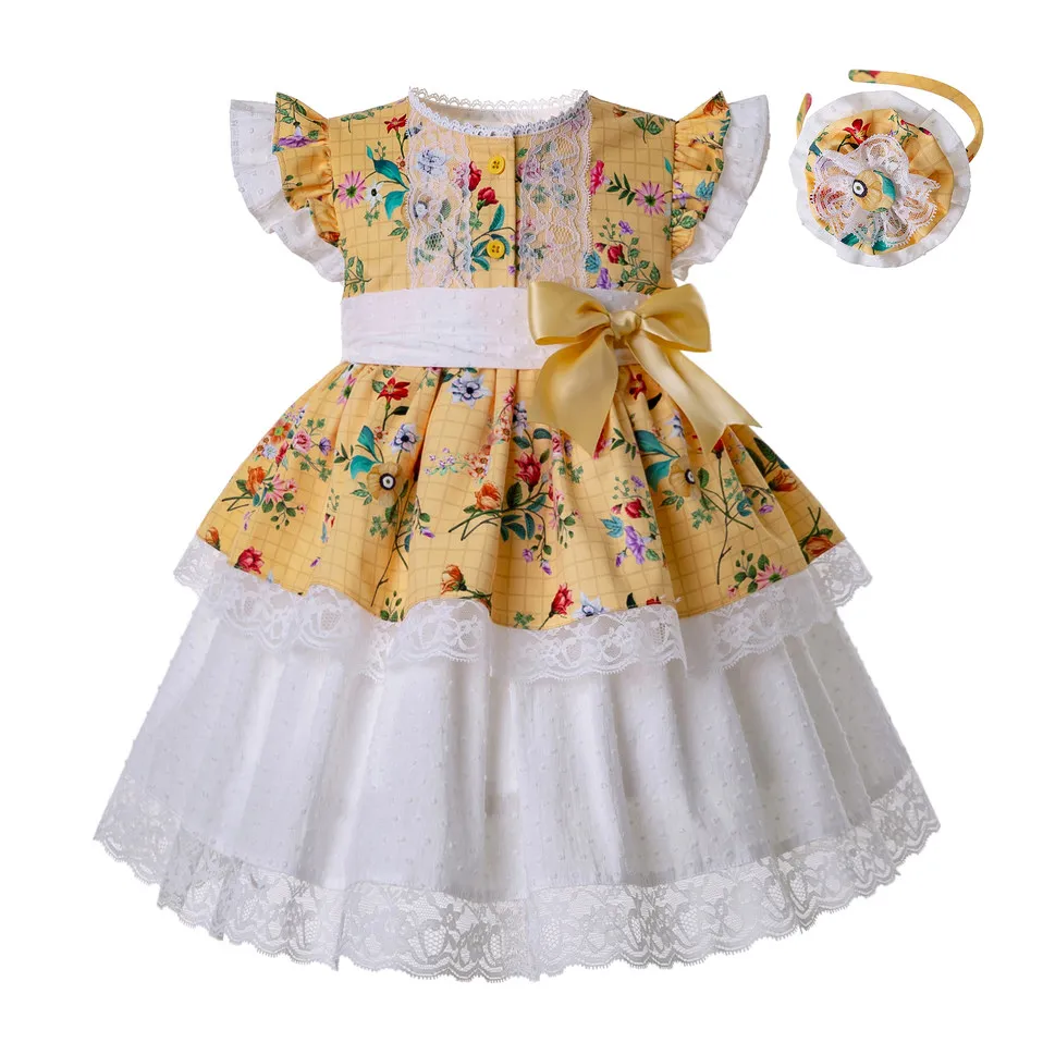 Pettigirl Yellow Girl Flower Printed Dress Heart-shaped Hollow Boutique Baby Clothes With Bows &amp Headwear G-DMGD201-B493 | Детская