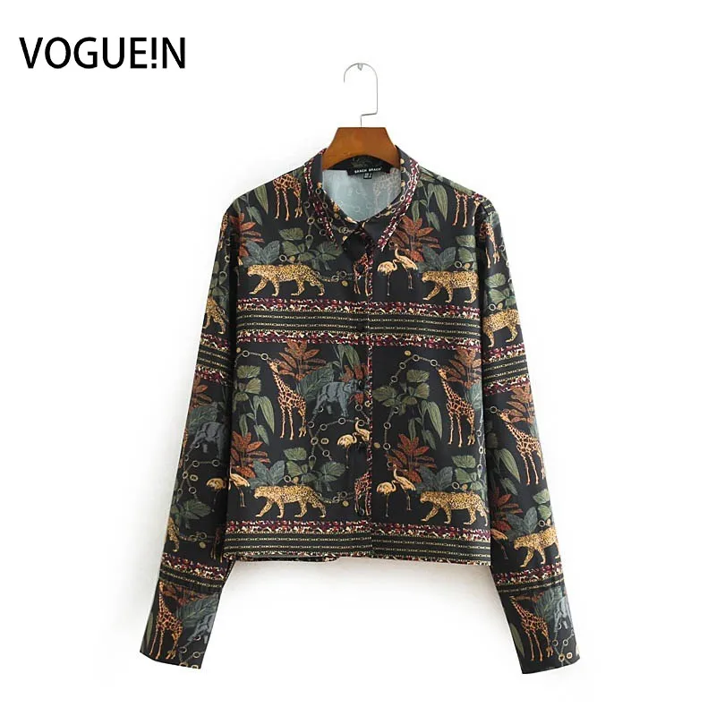 VOGUEIN новые женские цепочки Цветочные животные печати с длинным рукавом блузка