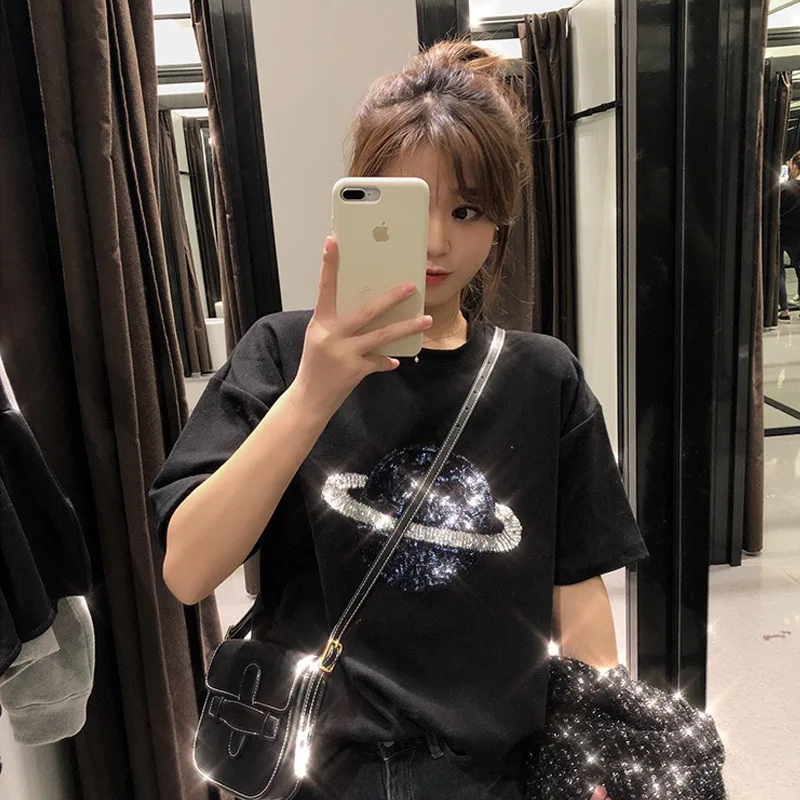 Женская футболка с блестками Harajuku Planet белая и черная уличная коротким рукавом
