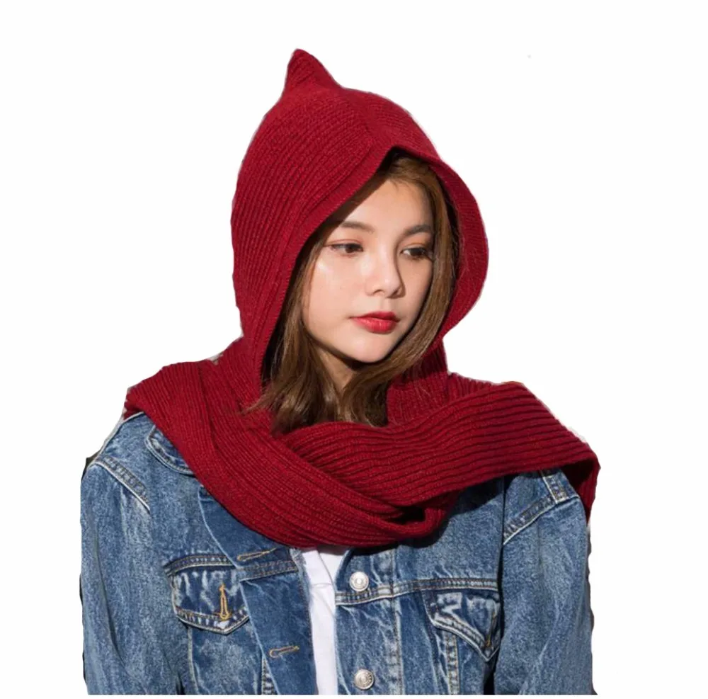 

Brand Women Wool Hooded Poncho with Hat Winter Warm Scarves Lady Wraps Knitted Hood Ladies Scarf Solid 2018 Pashmina 240 X 22 CM