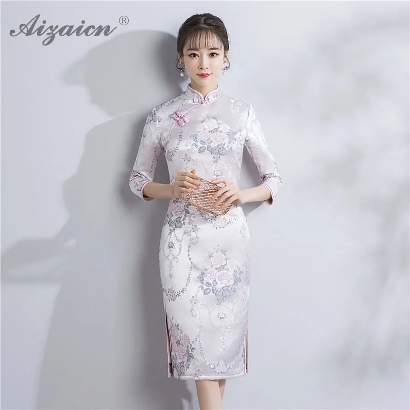 Весеннее жаккардовое плетение гобелен Атлас Qipao вышивка длинное китайское
