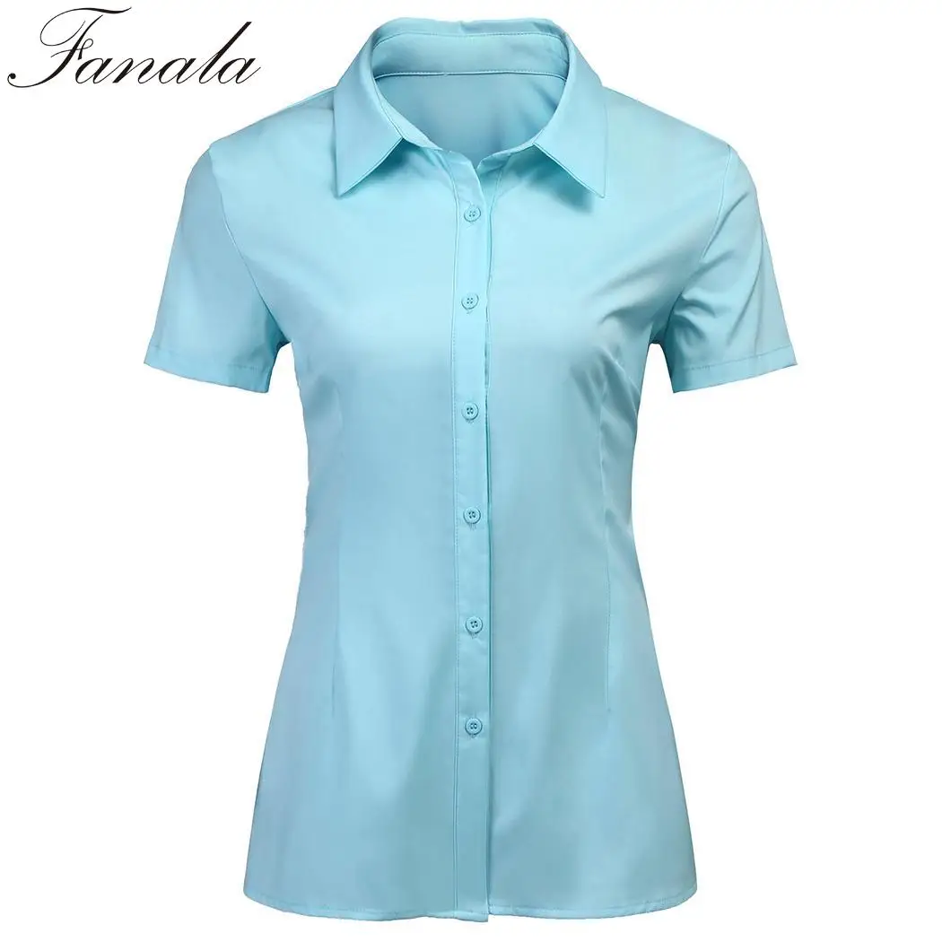 FANALA Women Chiffon Blouse Blusas Tailored Short Sleeve Button Down Solid Summer Notched Collared Office Shirt Shirts |