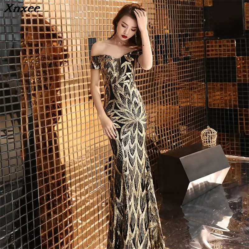 

Xnxee Luxury Black&Gold Sequined Off Shoulder Long Mermaid Slim Elegant Formal Club Evening Party Dress Vestido De Festa Xnxee
