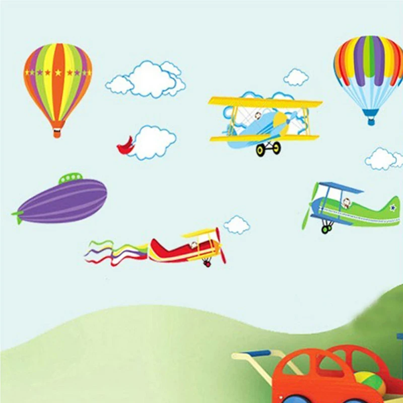 Cartoon Wall Stickers For Kids Baby Rooms Decor Removable Vinyl Nursery Children Decals Airplane And Hot Air Balloons | Дом и сад