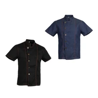2 pieces denim chef jacket coat short sleeves kitchen uniform simple and professional tunic design blueblack m
