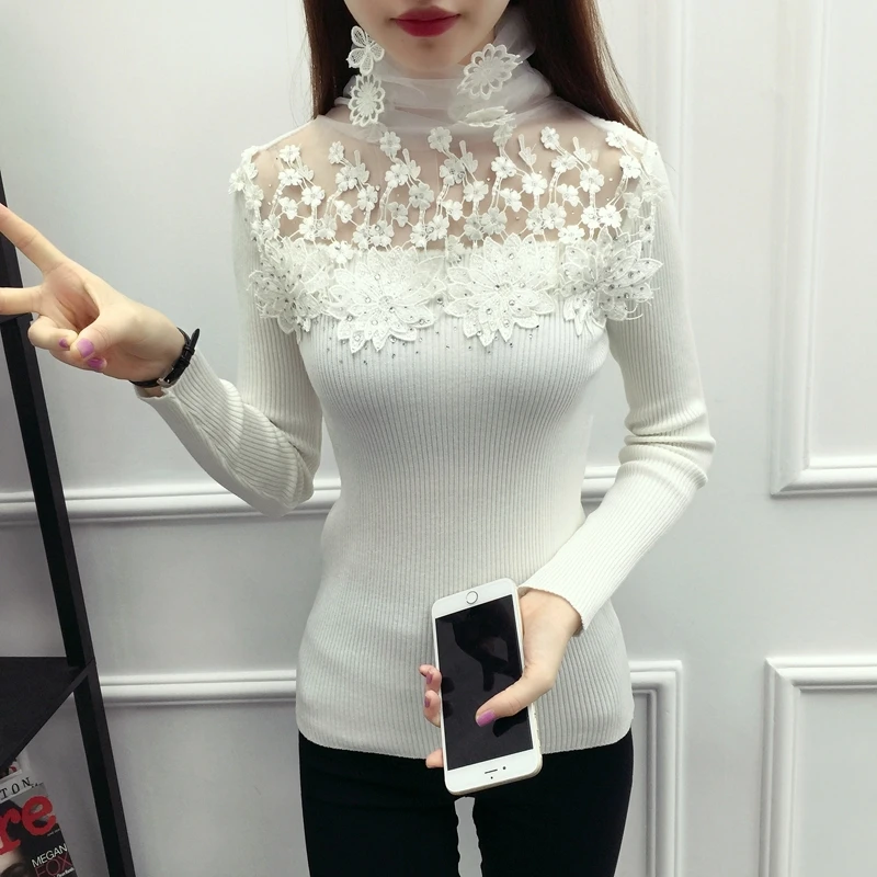 

2019 Korean Fashion Women Sweaters And Pullovers Sueter Mujer Long Sleeve Turtleneck Solid Slim Sexy Hollow Elastic Lace Tops