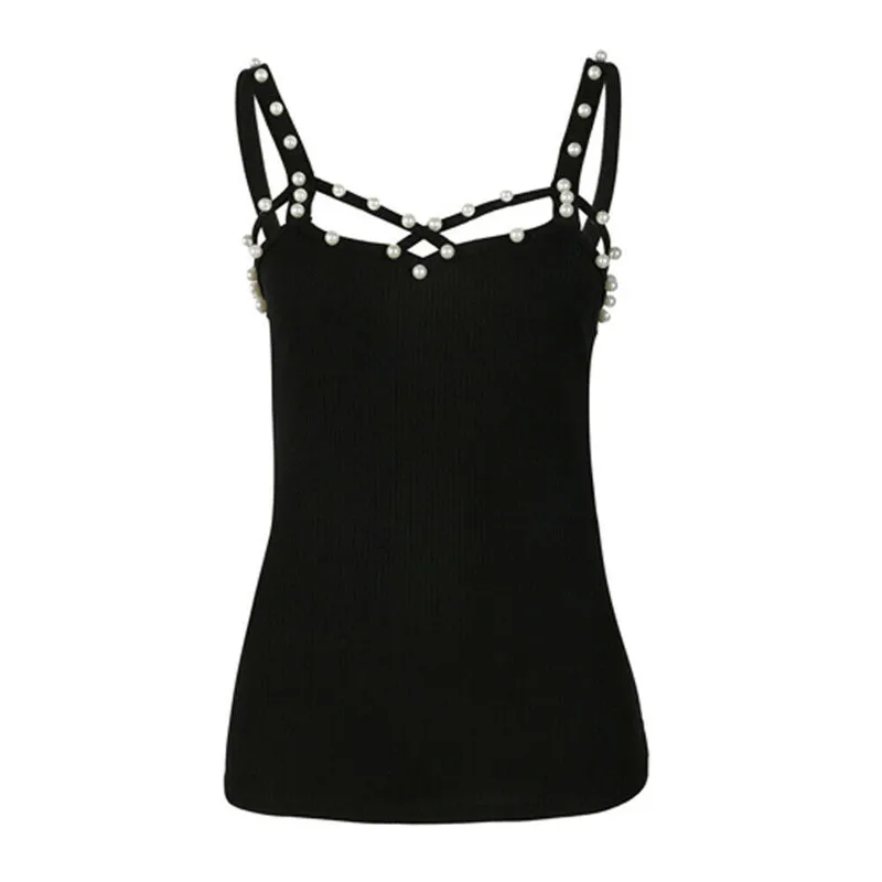 Новинка 2019 женские летние майки повседневные топы с жемчугом и бисером удобный
