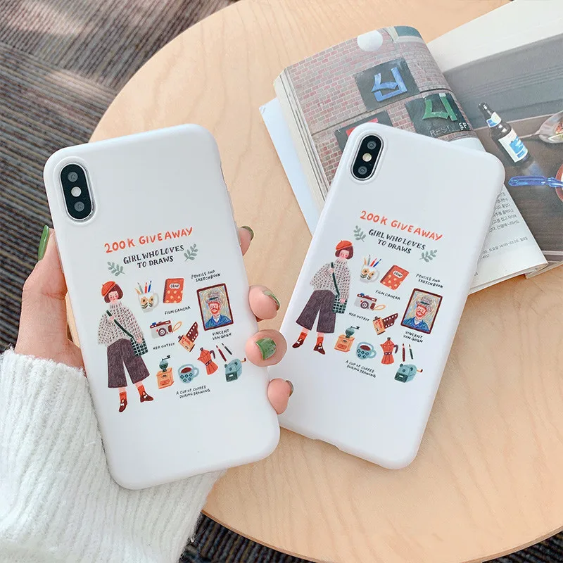 Cute White illustration Girl korean Phone Case For iPhone X XS XR Xsmax 7 Puls 6 6S 8 Cases Retro Soft Silicon Cover |