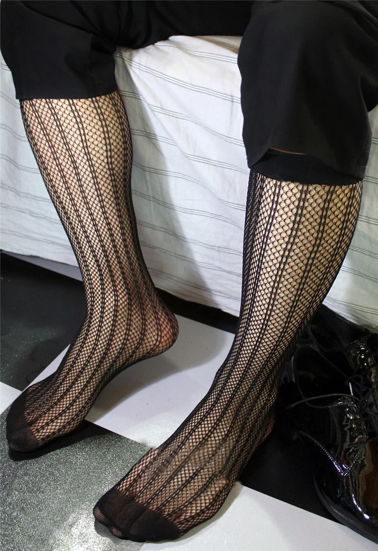 

2018 Mesh Men Socks High Elastic Transparent Sexy Striped Hose Gay Stocking Male Dress suit Formal socks Good quality Sox