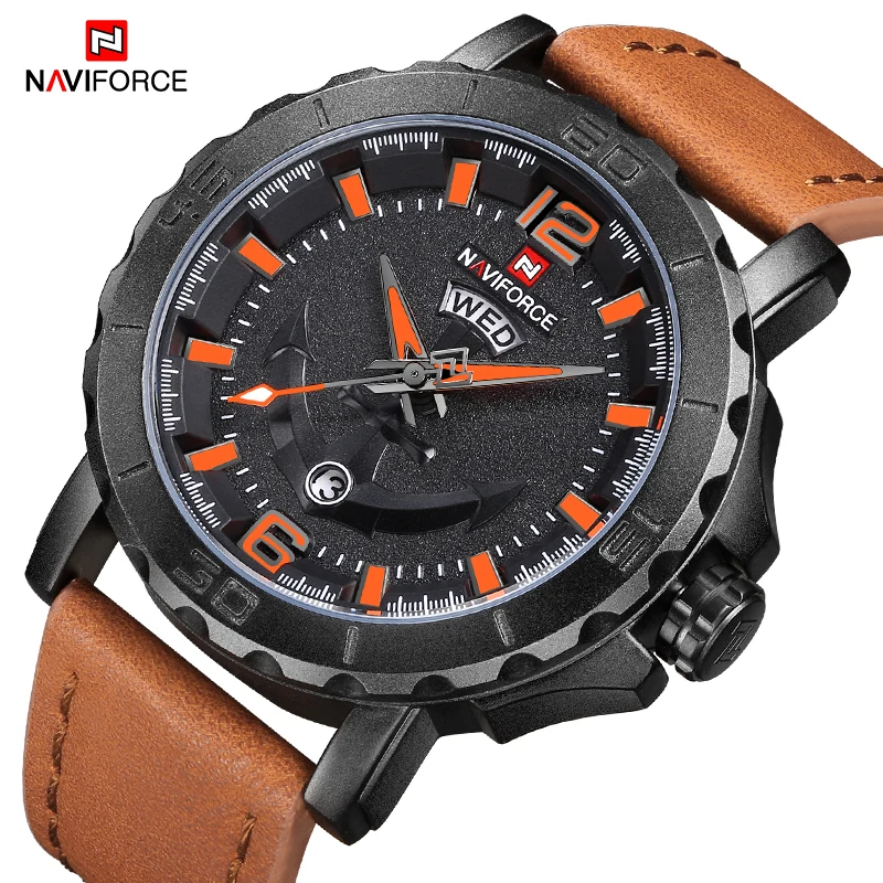 Naviforce Для мужчин Творческий Спортивные часы модные Элитный бренд кожа аналоговые