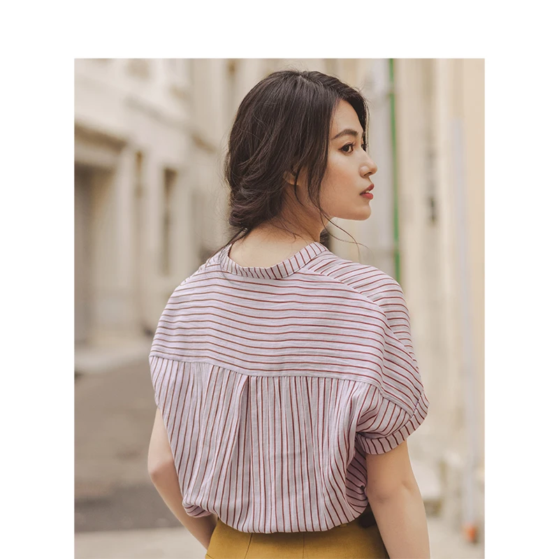 Женская блузка в полоску INMAN элегантная офисная со стоячим воротником с рукавом