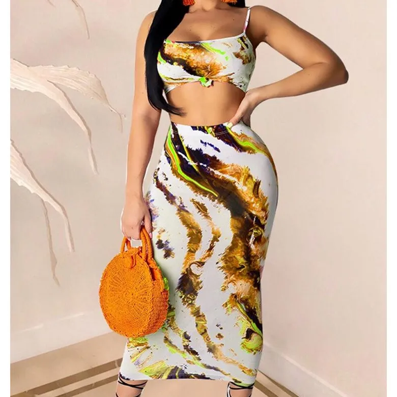 2019 New Women Floral Print Sexy 2 Piece Set Summer Crop Top Midi Skirts Casual Suit Sleeveless Skinny Outfit | Женская одежда