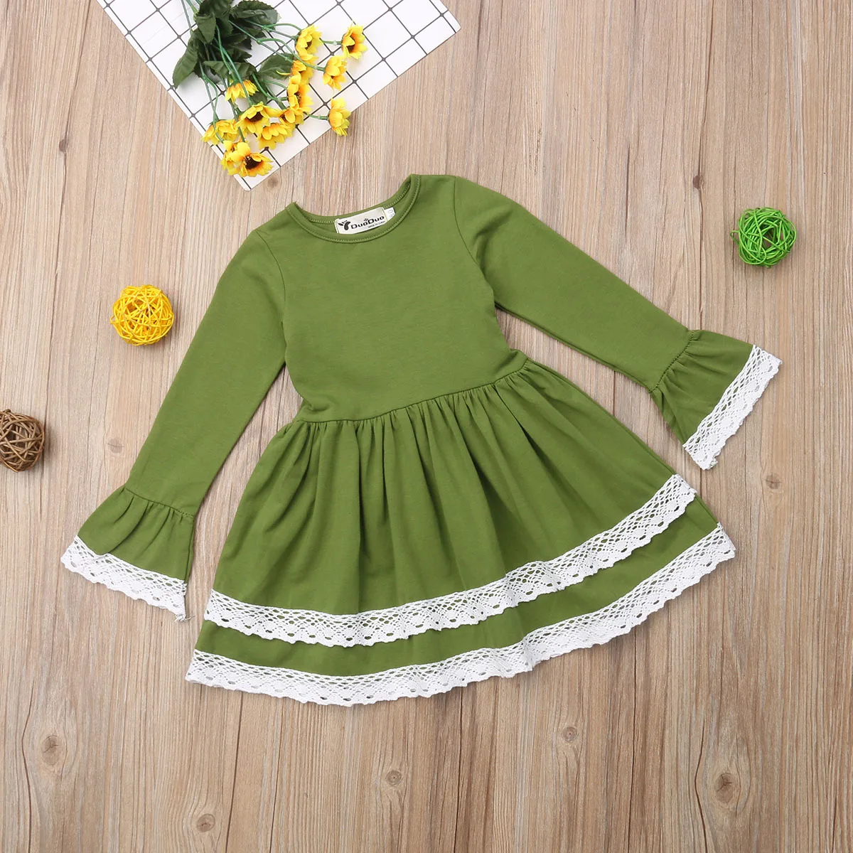 Green Christmas Kid Baby Dress For Girls Bell Sleeve Lace Tutu Party Wedding Pageant Princess Dresses Tunic | Детская одежда и