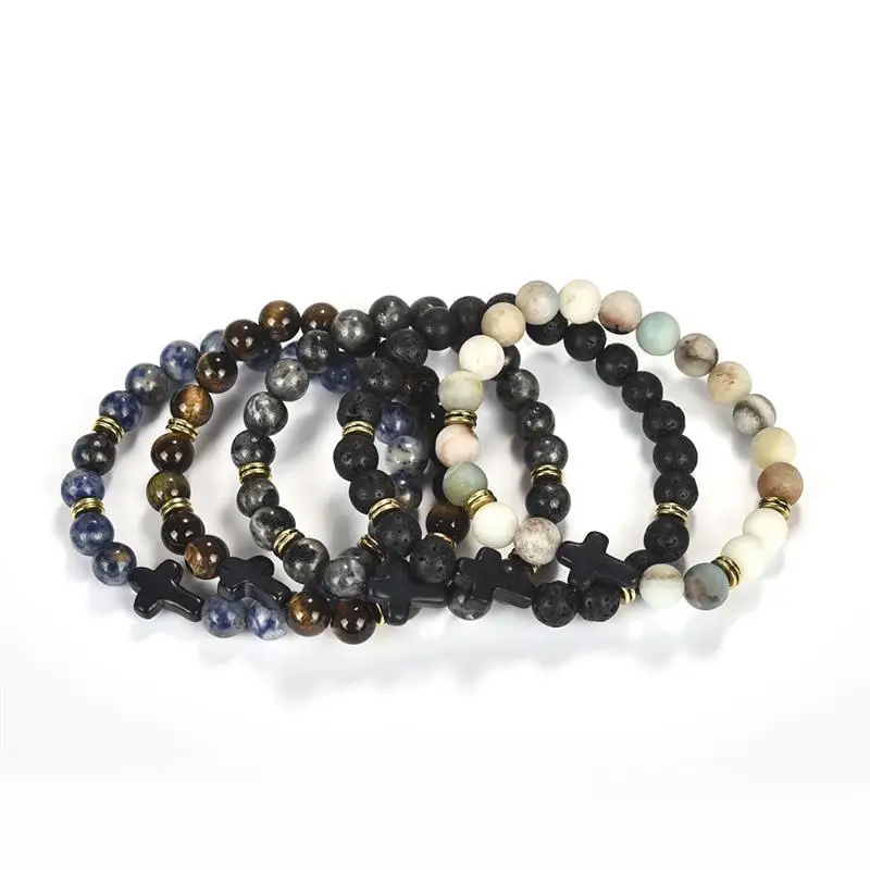 YAKAMOZ Simple Classic Stone Bead Charm Cross Bracelets for Men Handmade Boho Jewelry Gift Prayer Fitness Pulseira Feminina | Украшения и