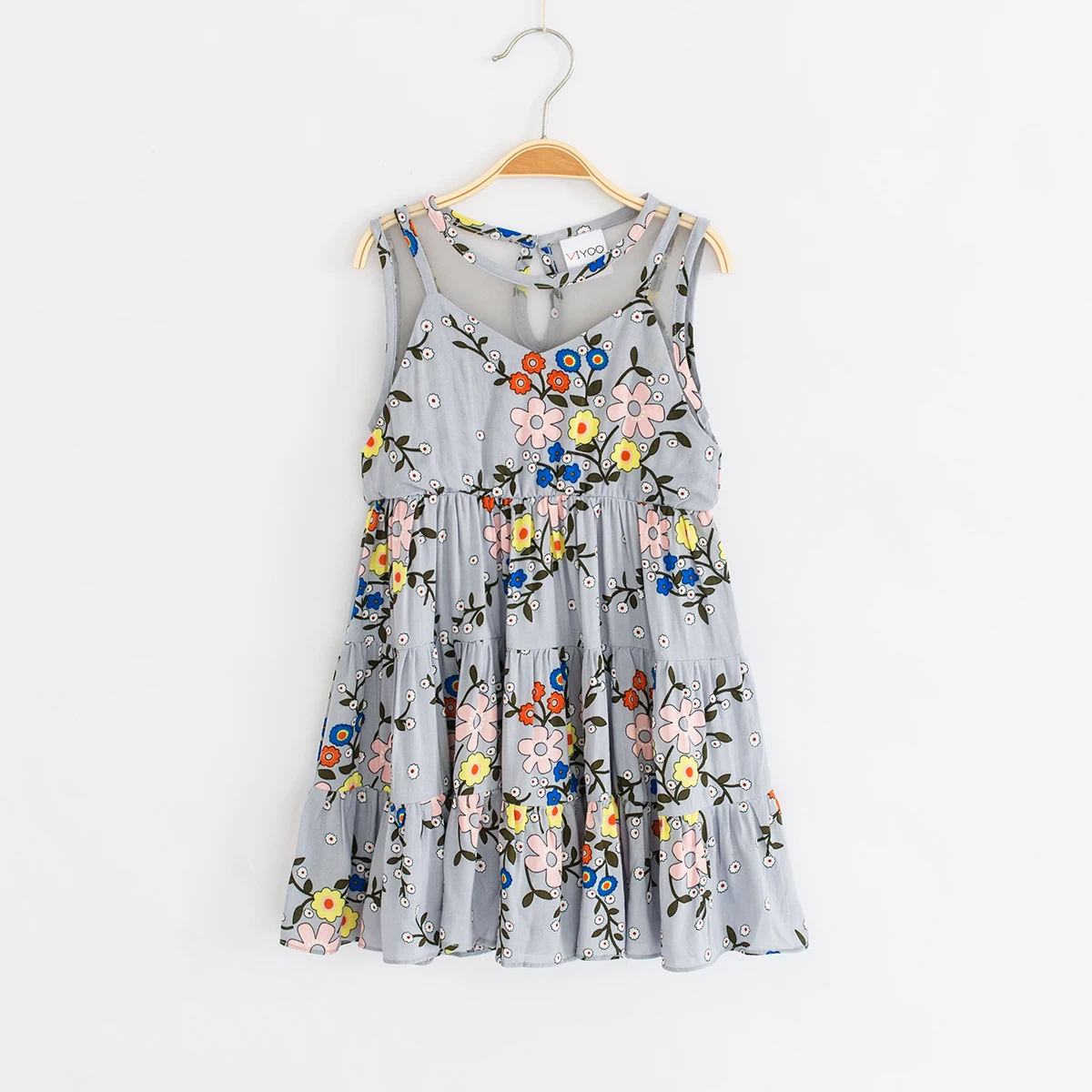 2020 Baby Girls Lace Dress Summer Sleeveless Floral Printed Children's Clothing Cute Girl Kids Clothes For Age 2-8 Grey/ Blue | Детская