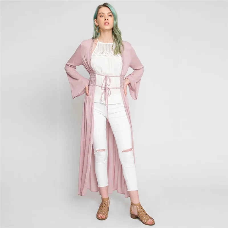 Женское шифоновое кимоно Boho пляжный кардиган однотонный свободный длинный рукав