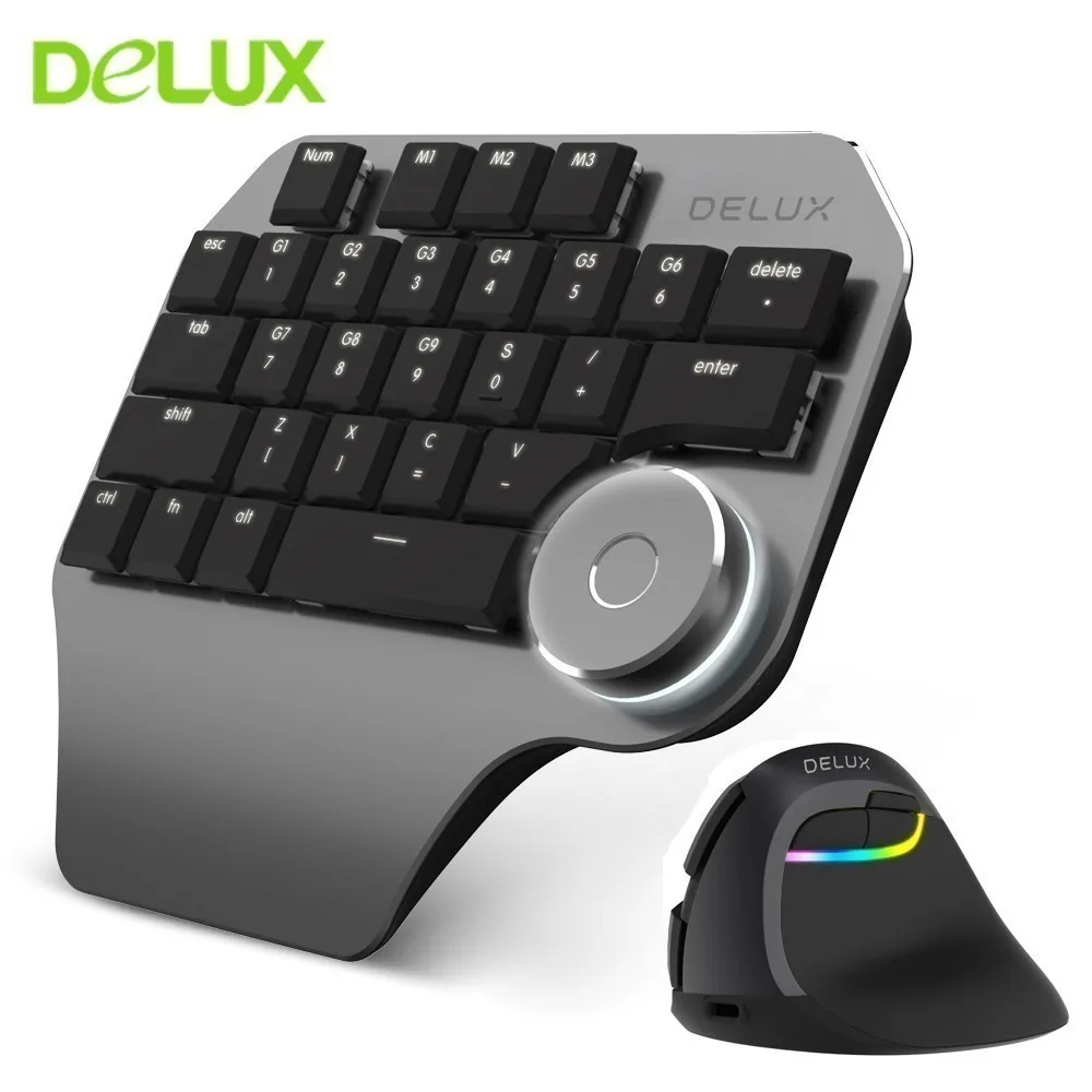 

Delux T11 Wired Designer Smart Dial Single Hand Keyboard + M618 Mini Bluetooth Wireless Ergonomic Vertical Mouse Kit For Gamer
