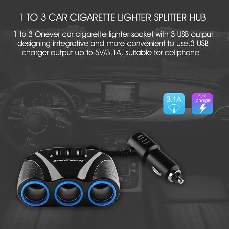AOZBZ 3 Way 3.1A Blue Led Car Cigarette Lighter Socket Splitter Hub Power Adapter USB Port 12V-24V For IPad Smartphone DVR GPS | Автомобили