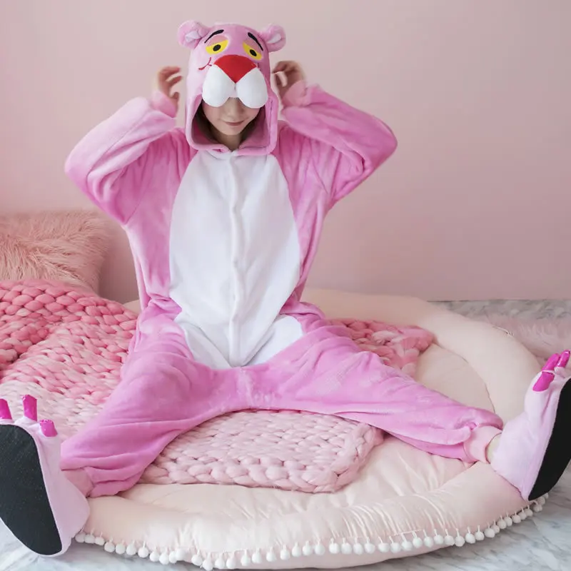 Пантера Kigurumi розовые пижамы в виде пантеры для женщин на зиму с рисунками