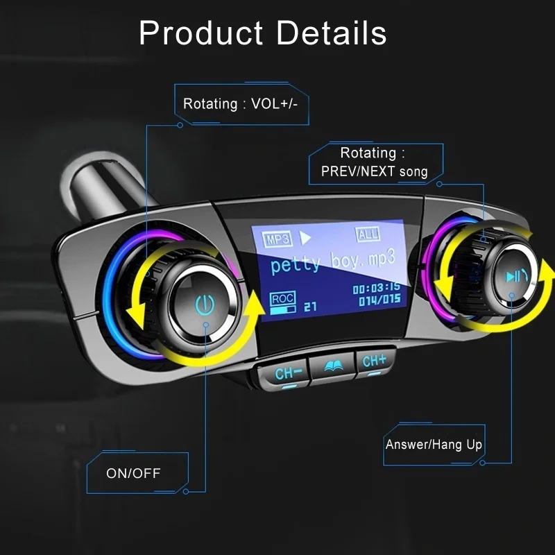 Автомобильное зарядное устройство с двумя USB портами FM передатчик BT06 Bluetooth