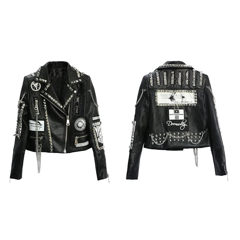 Куртка женская кожаная короткая в стиле панк с отложным воротником|Женские
