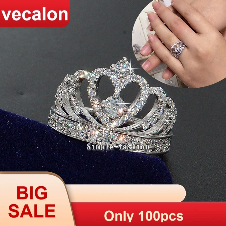 Vecalon Crown Style Women Fashion Jewelry ring AAAAA Zircon Cz 925 Sterling Silver Engagement wedding Band for women | Украшения и