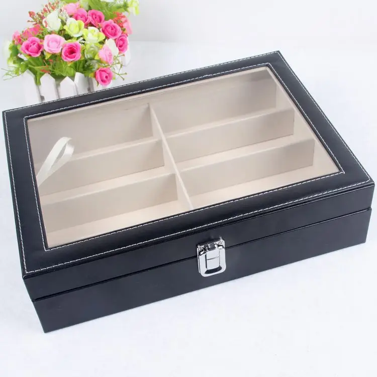 (New Arrival)High quality PU leather 8 pairs of sunglasses organizer with clear window