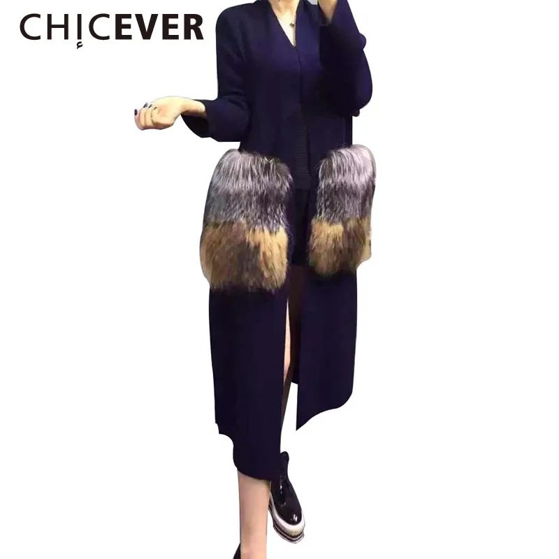 

[CHICEVER] 2020 Winter Women Attachable Big Fur Pocket Knitted Long Coats Female Windbreaker Casual Cardigan Loose Tops Clothes