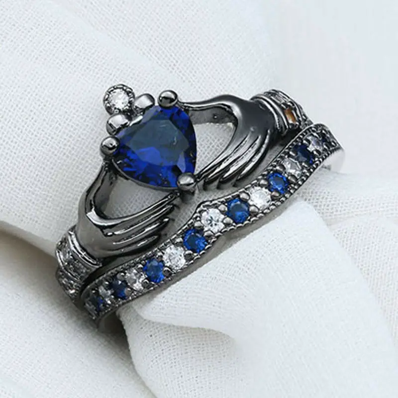 

New fashion double layer set ring women's hand-held heart crown ring size 5-12
