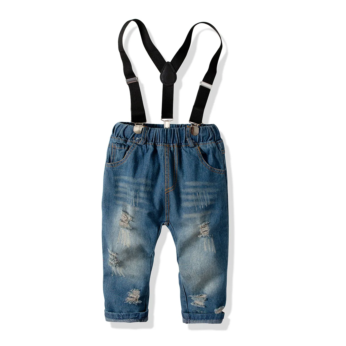 Boy's 2-10 Y Spring Autumn Plaid Shirt &amp Denim Bib Jeans Pant Clothing Set Cotton Fashion Gentleman with BowtieSuits | Детская