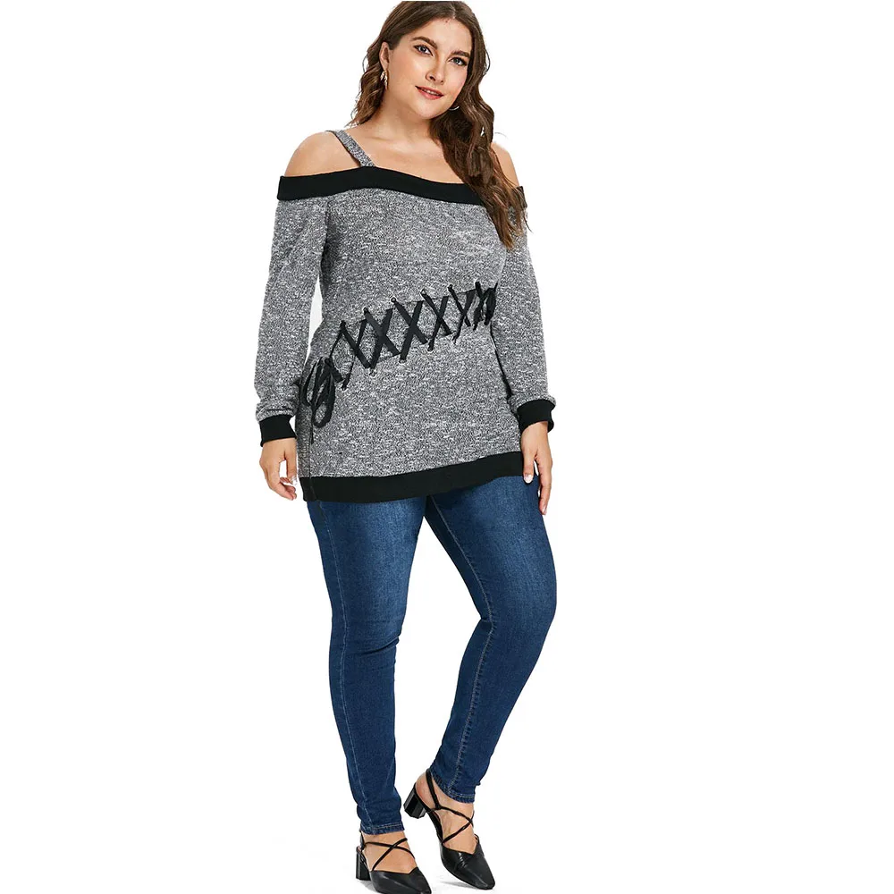 Wipalo Plus Size Spaghetti Strap Cold Shoulder Long Sleeves T-Shirt Women Casual Solid Weaving Tie Top Spring Fall Clothing 5XL | Женская