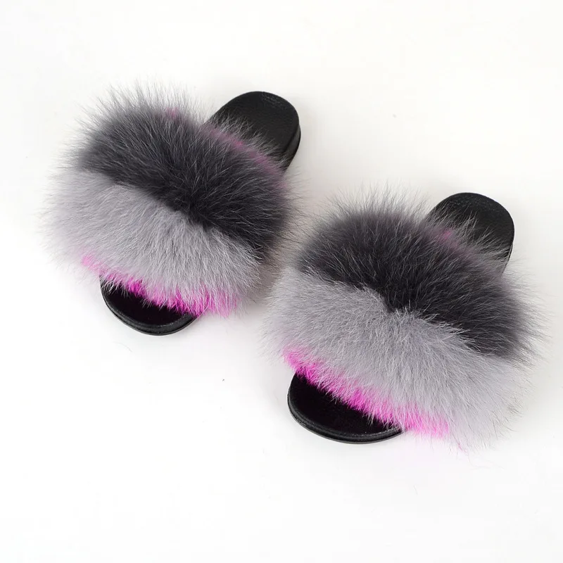 Женские пушистые тапочки женские плюшевые из лисьего меха летние сандалии